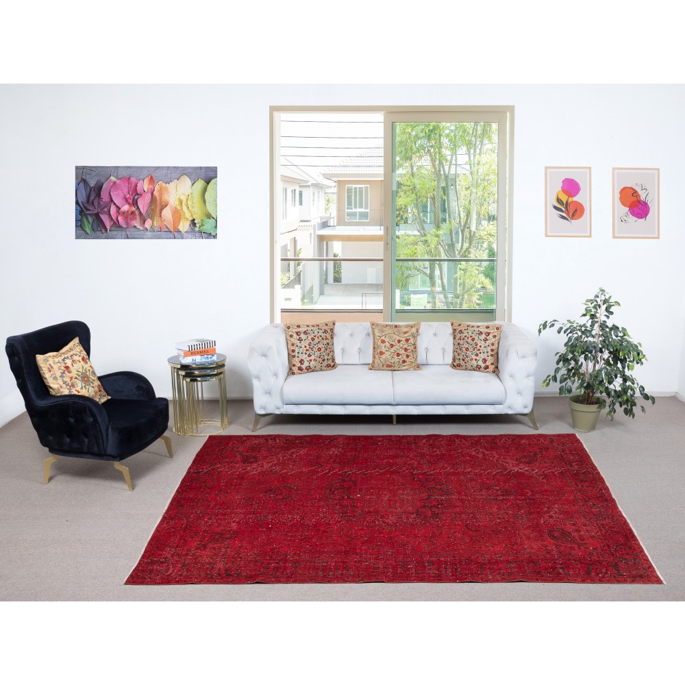 Vintage Wool Area Rug Overdyed in Red for Contemporary Interiors. Hand-knotted in Turkey Vintage Wool Area Rug Overdyed in Red for Contemporary Interiors. Hand-knotted in Turkey