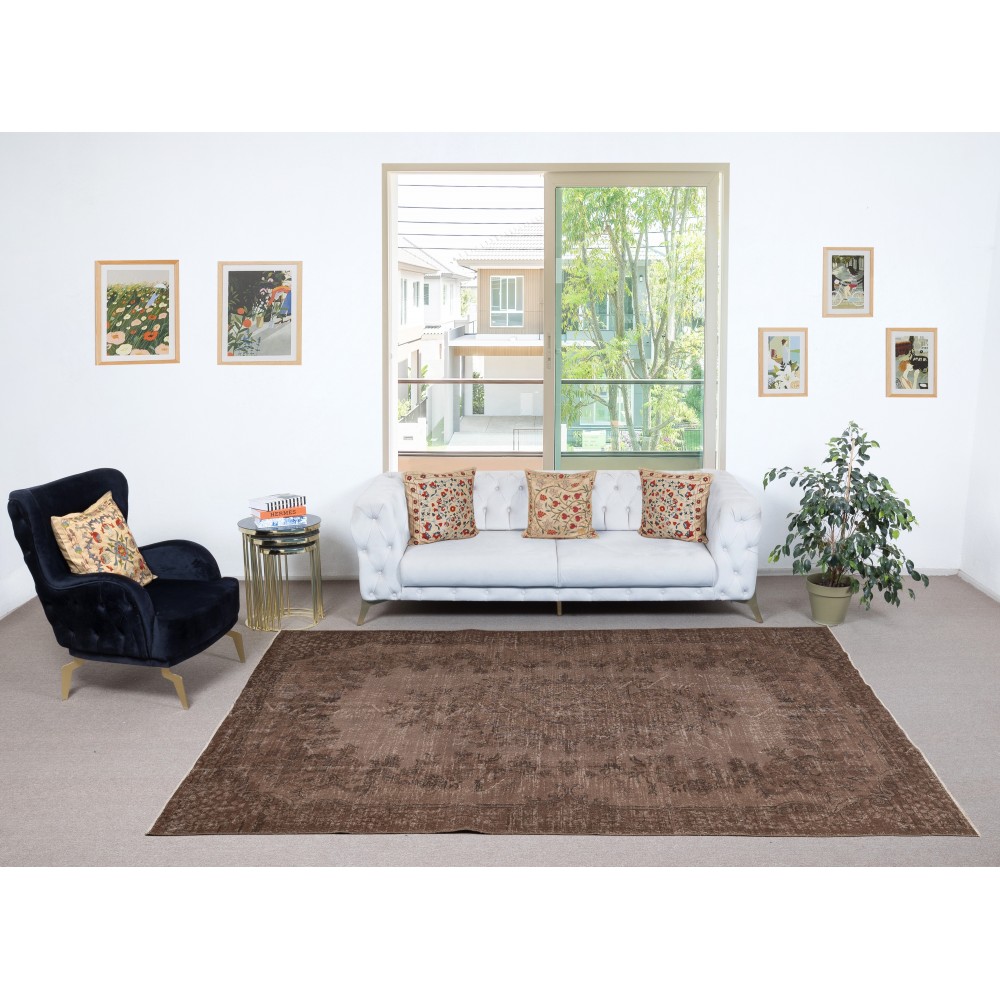 Contemporary Handmade Turkish Wool Area Rug. Vintage Brown Redyed Carpet for Living Room