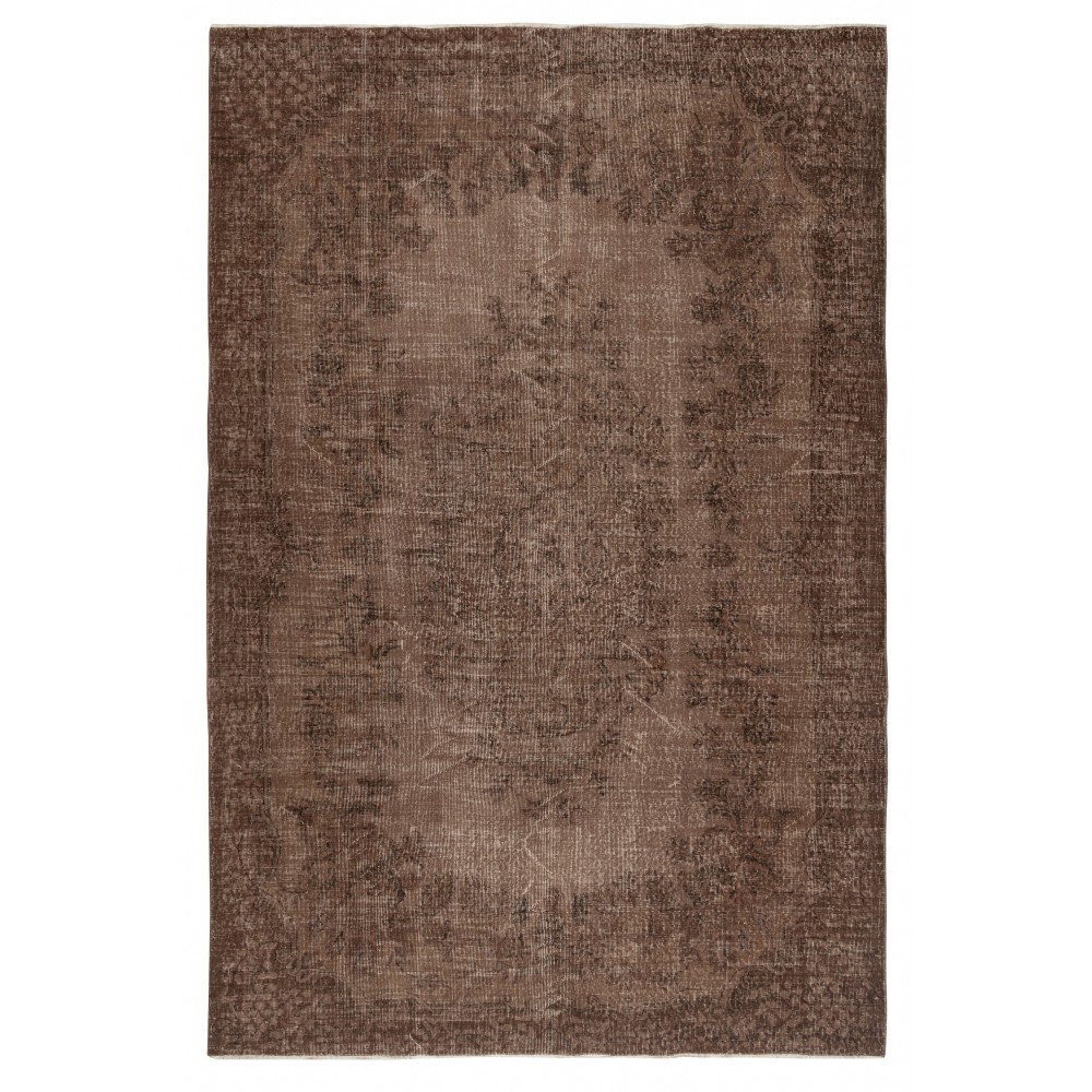 Contemporary Handmade Turkish Wool Area Rug. Vintage Brown Redyed Carpet for Living Room