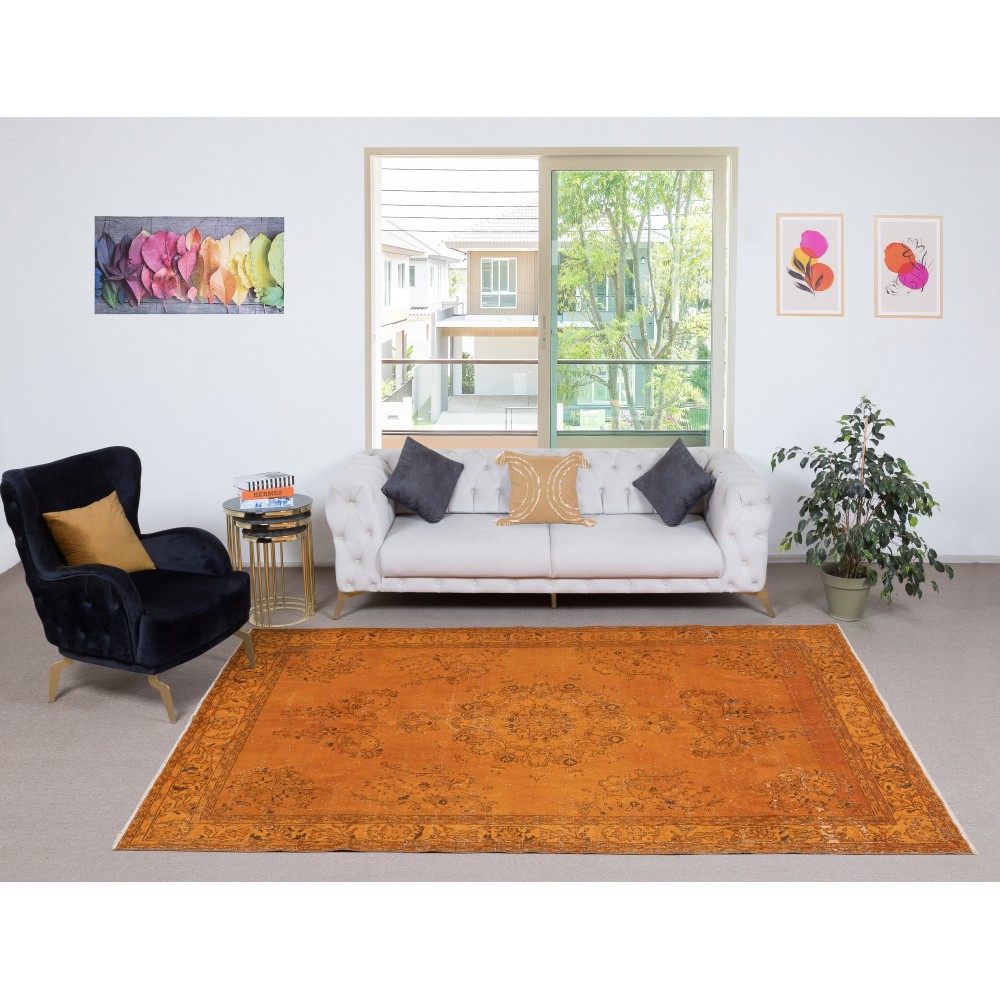 Orange Overdyed Vintage Turkish Area Rug. Hand-Knotted Wool Carpet for Modern Interiors Orange Overdyed Vintage Turkish Area Rug. Hand-Knotted Wool Carpet for Modern Interiors