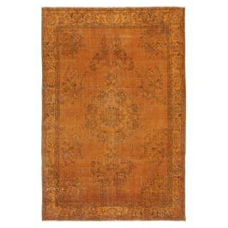 Orange Overdyed Vintage Turkish Area Rug. Hand-Knotted Wool Carpet for Modern Interiors