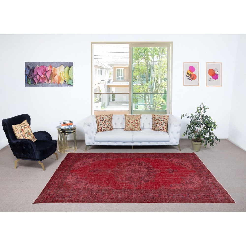 Vintage Handmade Wool Rug. Red Turkish Area Rug for Modern Home Vintage Handmade Wool Rug. Red Turkish Area Rug for Modern Home