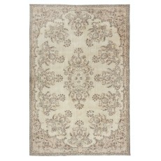 Vintage Beige Hand-Knotted Wool Rug. Turkish Garden Design Carpet for Farmhouse, Cottage, or Country House