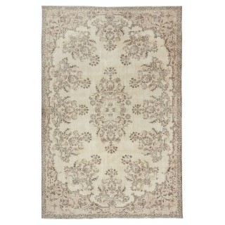Vintage Beige Hand-Knotted Wool Rug. Turkish Garden Design Carpet for Farmhouse, Cottage, or Country House