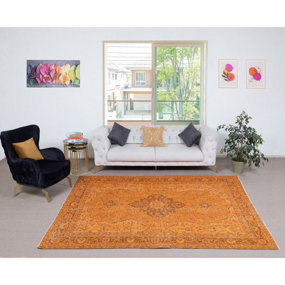 Handmade Turkish Wool Area Rug. Vintage Overdyed Orange Rug for Modern Home Handmade Turkish Wool Area Rug. Vintage Overdyed Orange Rug for Modern Home