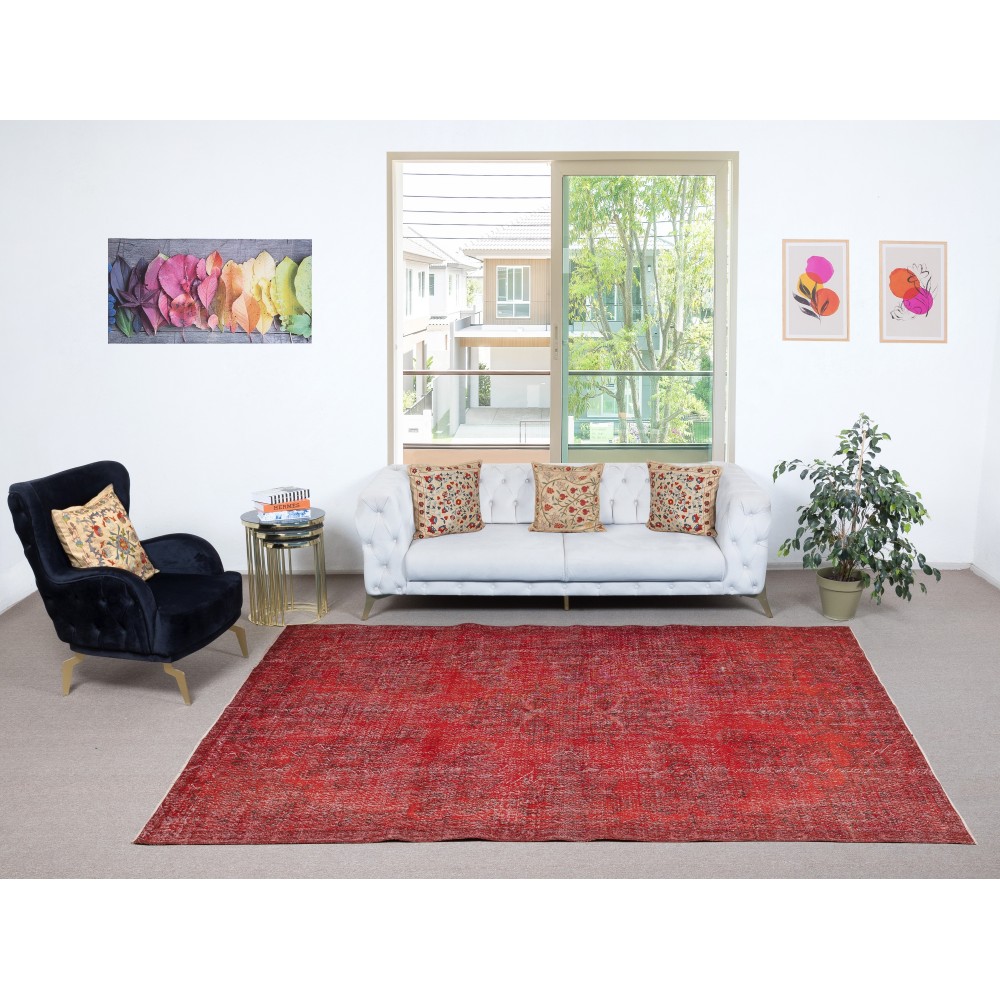 Red Overdyed Vintage Area Rug, Handwoven and Handknotted in Turkey for Modern Interiors Red Overdyed Vintage Area Rug, Handwoven and Handknotted in Turkey for Modern Interiors