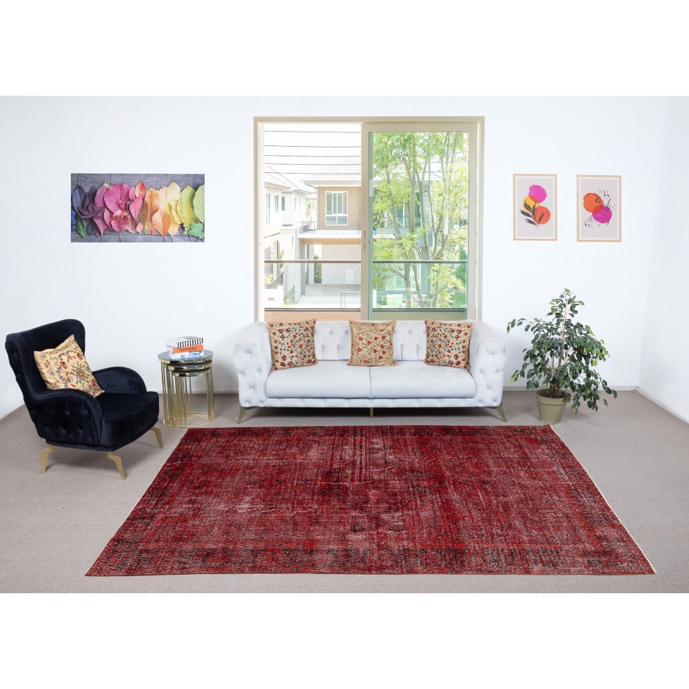 Handmade Turkish Wool Rug. Vintage Red Overdyed Area Rug for Living Room
