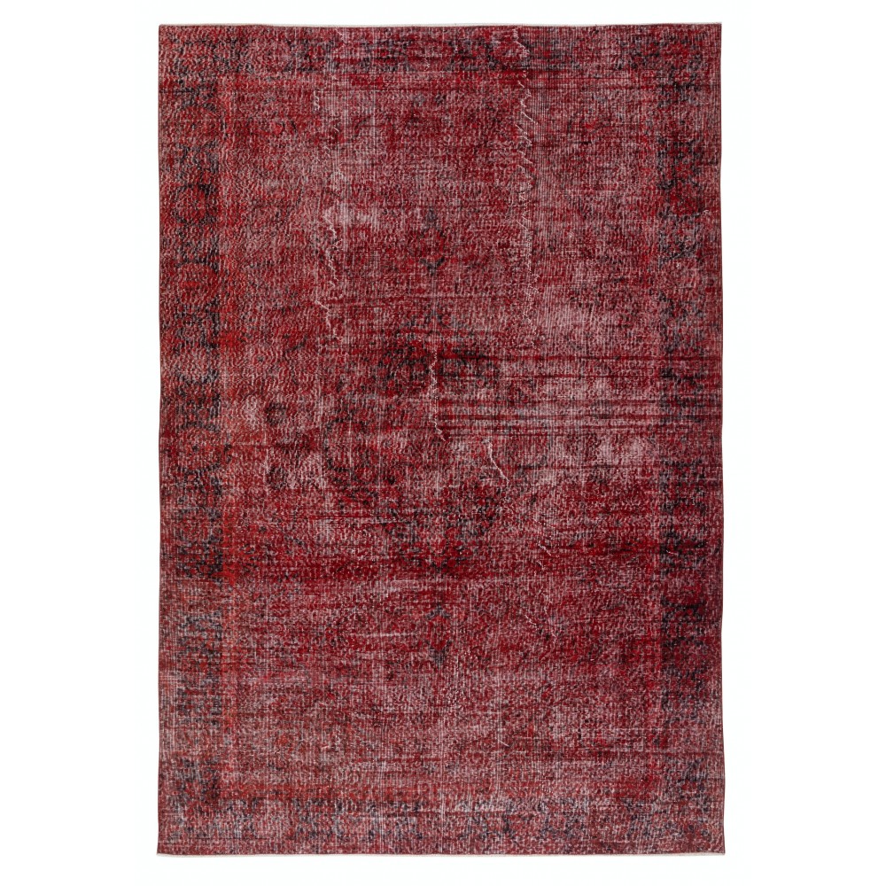 Handmade Turkish Wool Rug. Vintage Red Overdyed Area Rug for Living Room