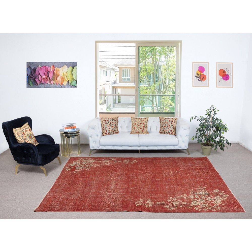 One-of-a-pair Vintage Hand-Knotted Chinese Art Deco Design Red Area Rug One-of-a-pair Vintage Hand-Knotted Chinese Art Deco Design Red Area Rug