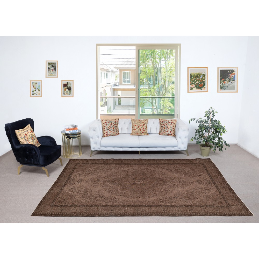 Vintage Handmade Wool Rug. Brown Turkish Area Rug for Modern Home and office