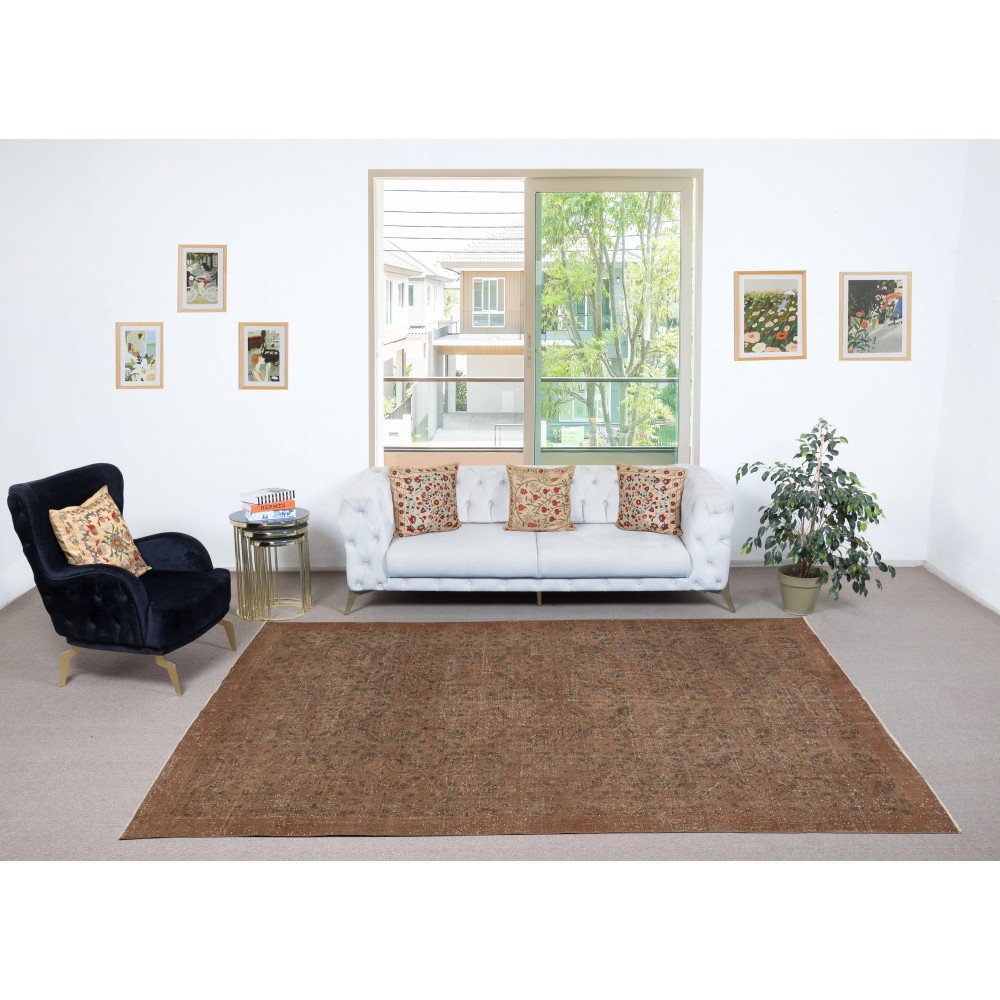 Hand-knotted Vintage Turkish Wool Area Rug Overdyed in Brown for Modern Interiors