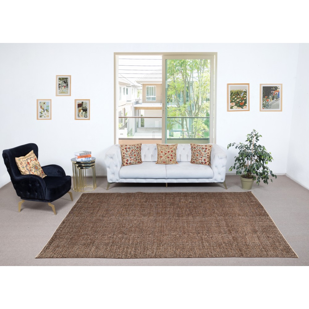 Brown Overdyed Handmade Wool Rug. Vintage Turkish Area Rug for Living Room