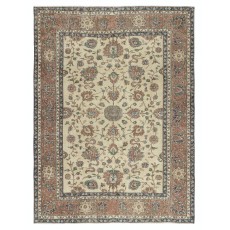 Authentic Vintage Turkish Beige Wool Area Rug with Floral Design. Hand-knotted in Turkey