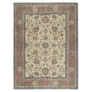 Authentic Vintage Turkish Beige Wool Area Rug with Floral Design. Hand-knotted in Turkey
