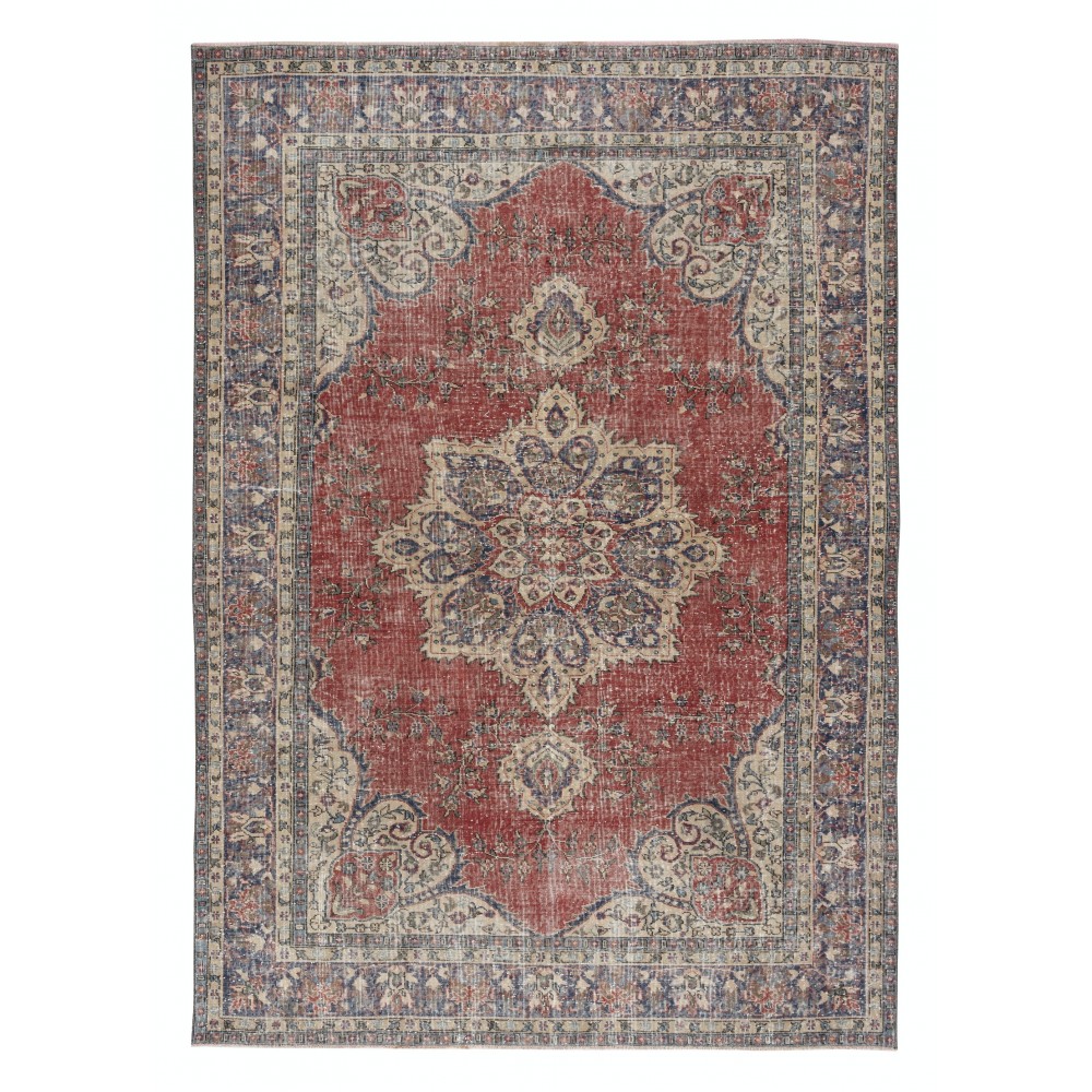 Traditional Vintage Handmade Turkish Area Rug. Hand-knotted Wool Carpet with Medallion Design