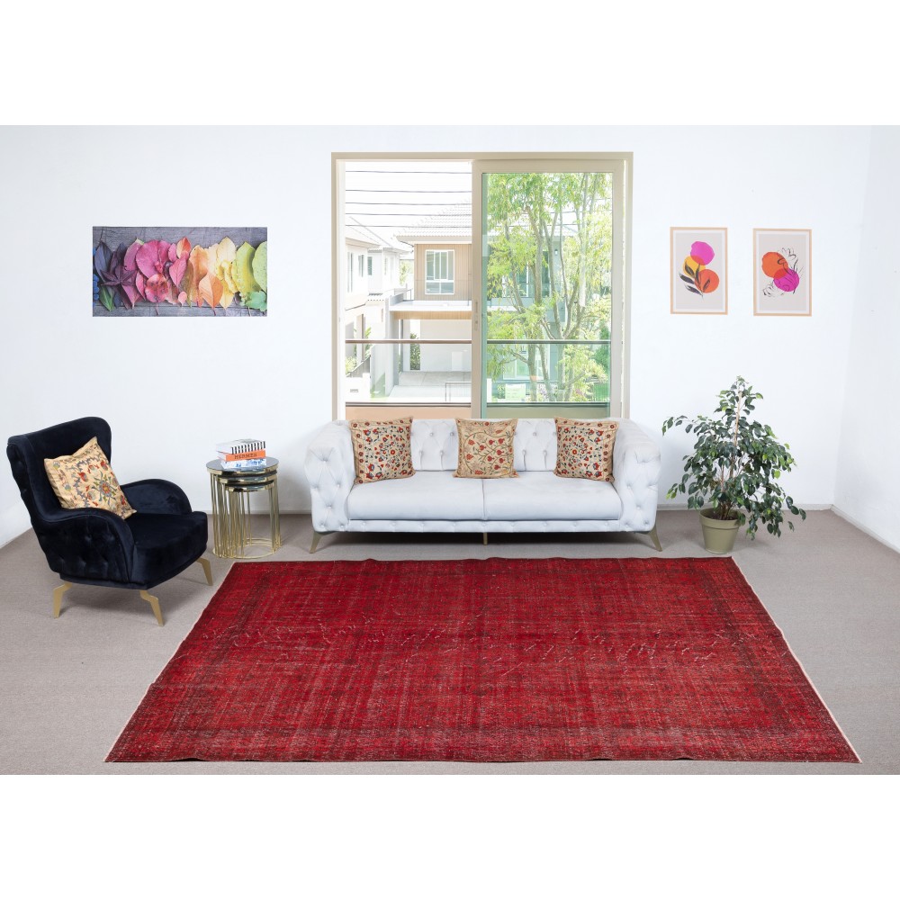Hand-knotted Vintage Turkish Wool Area Rug Overdyed in Red for Modern Interiors Hand-knotted Vintage Turkish Wool Area Rug Overdyed in Red for Modern Interiors