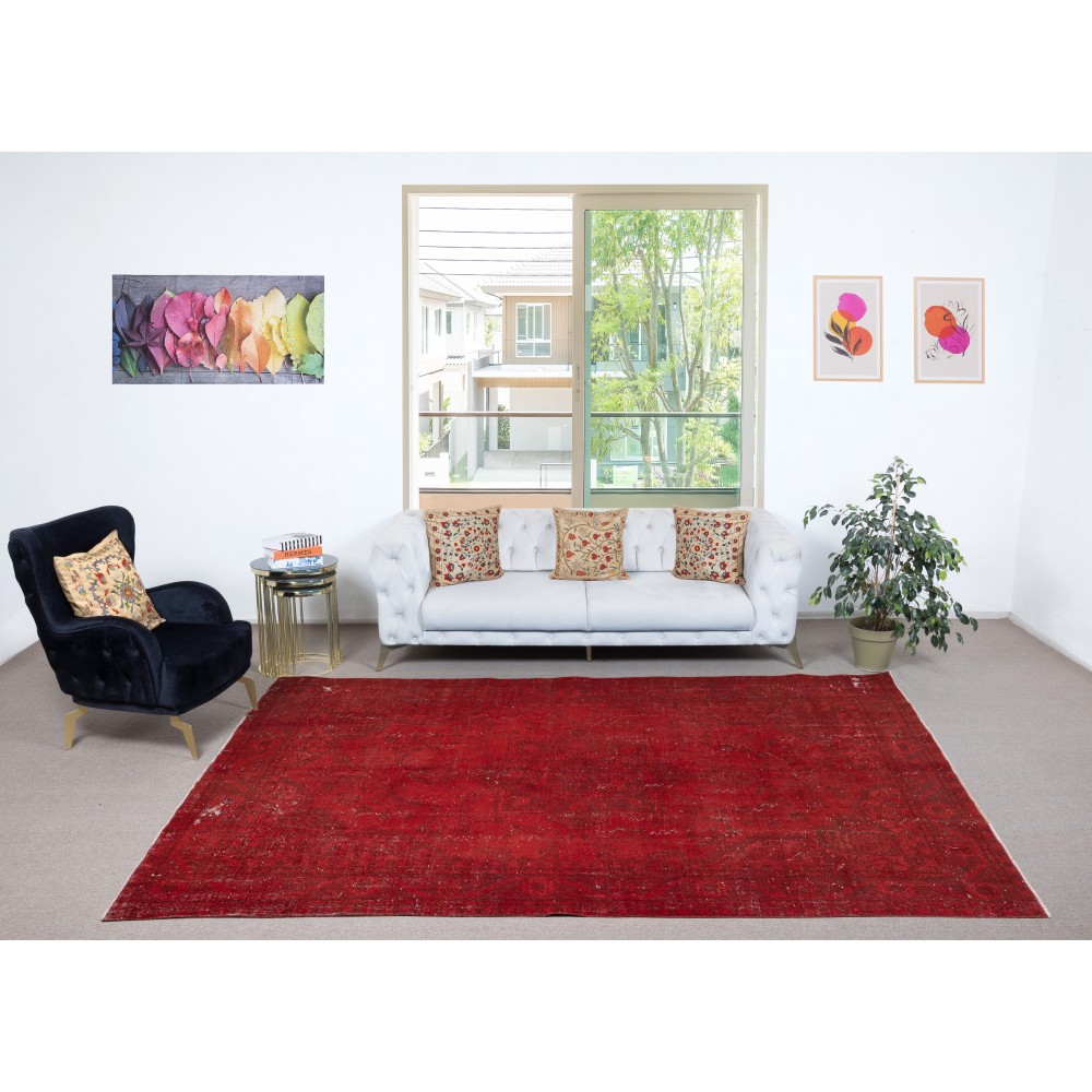 Vintage Handmade Turkish Wool Area Rug Overdyed in Red for Contemporary Interiors Vintage Handmade Turkish Wool Area Rug Overdyed in Red for Contemporary Interiors