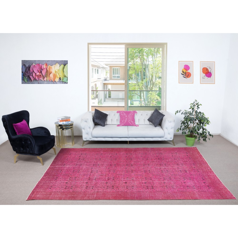 Hand-knotted Vintage Turkish Wool Area Rug Overdyed in Pink for Modern Interiors Hand-knotted Vintage Turkish Wool Area Rug Overdyed in Pink for Modern Interiors