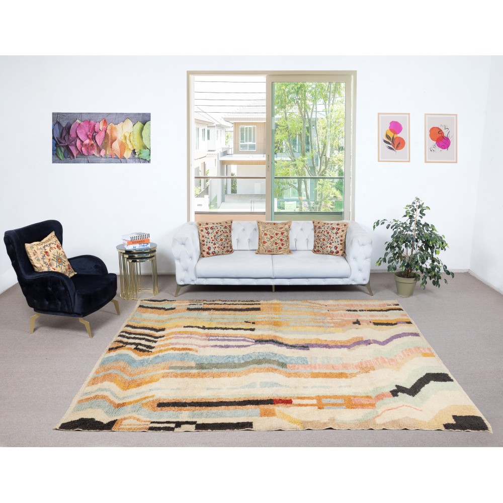 Abstract Hand-knotted Tulu Rug. 100% Wool. Multicolor Carpet for Living Room decor. Vibrant Handmade Rug. Custom Options Available