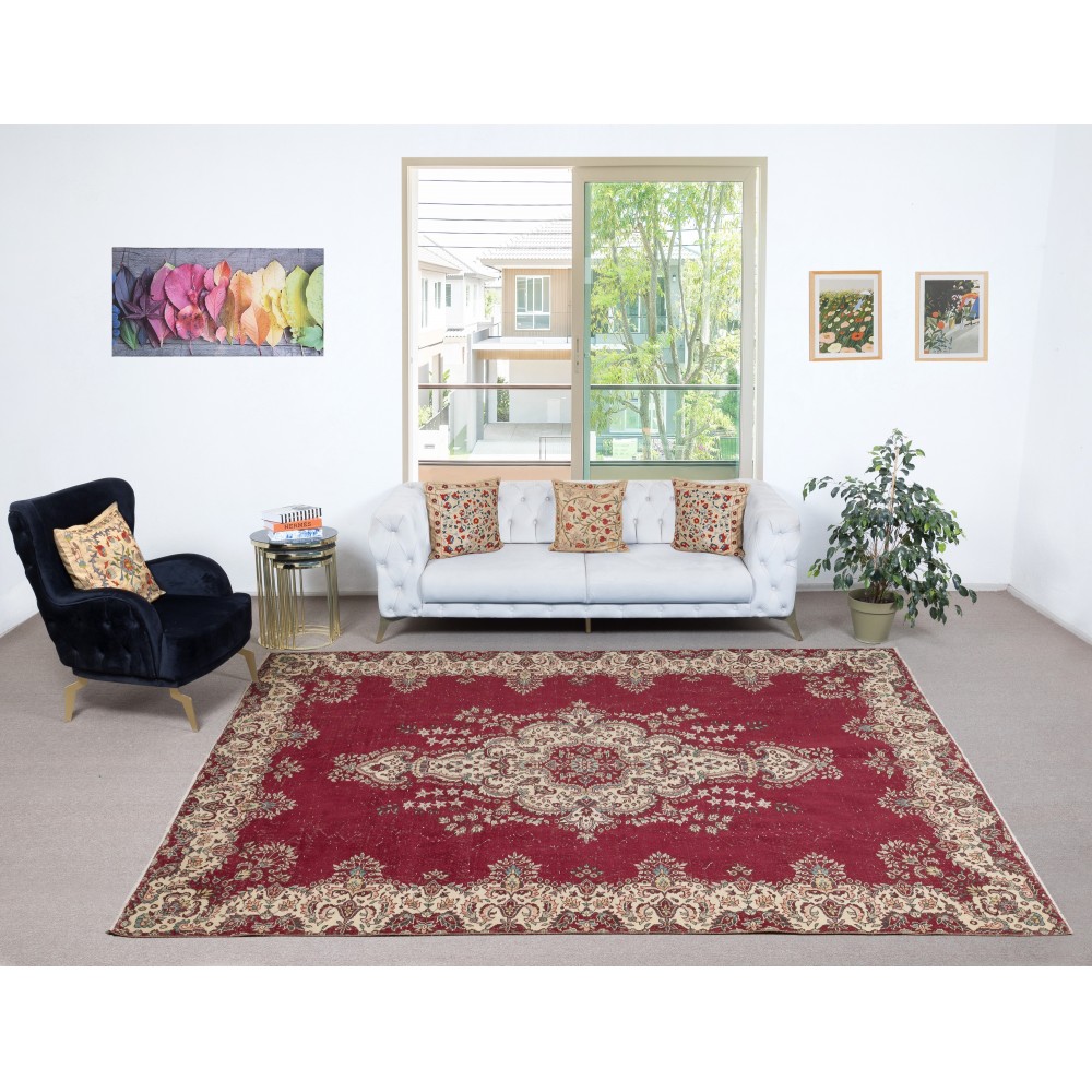 One-of-a-kind Vintage Turkish Red Area Rug. Hand-knotted Wool Carpet with Medallion Design