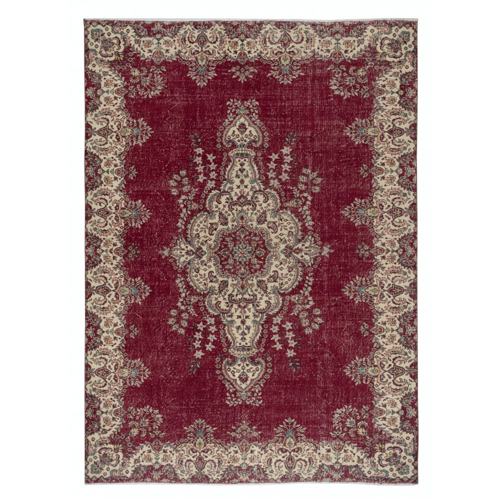 One-of-a-kind Vintage Turkish Red Area Rug. Hand-knotted Wool Carpet with Medallion Design