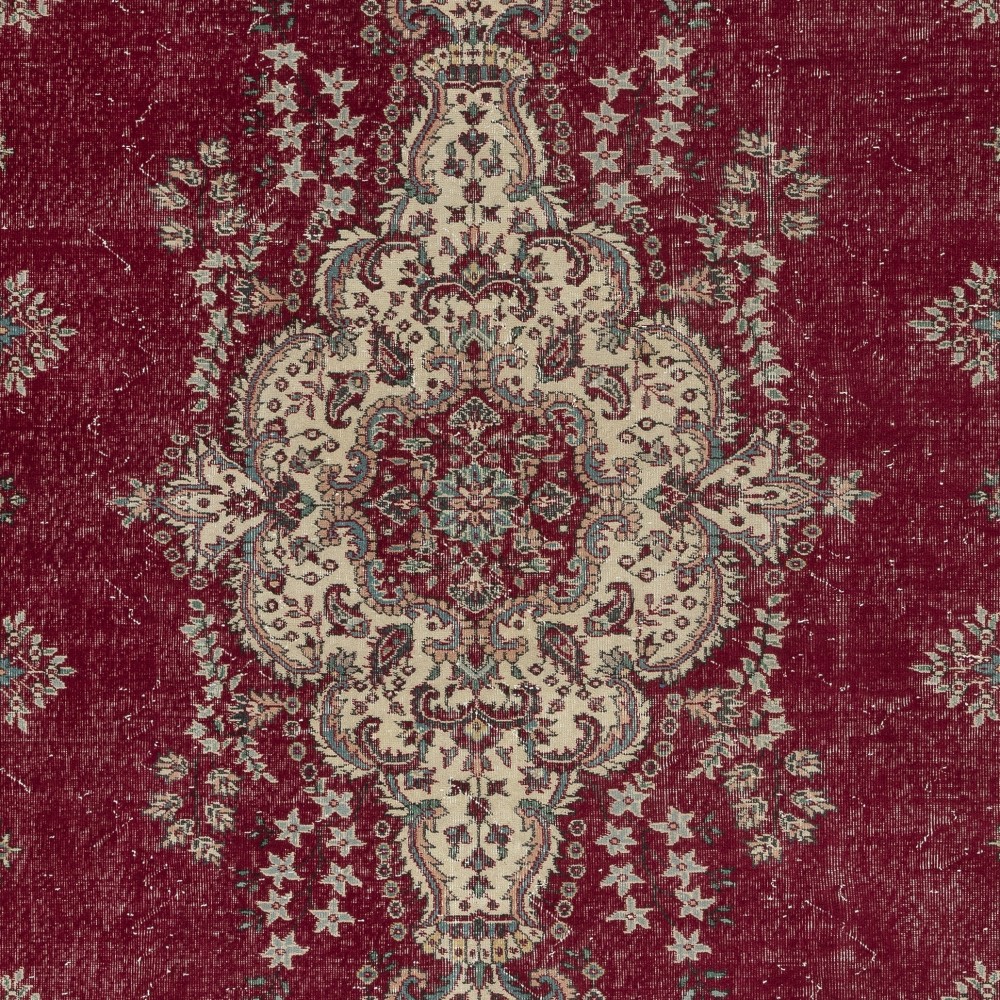One-of-a-kind Vintage Turkish Red Area Rug. Hand-knotted Wool Carpet with Medallion Design