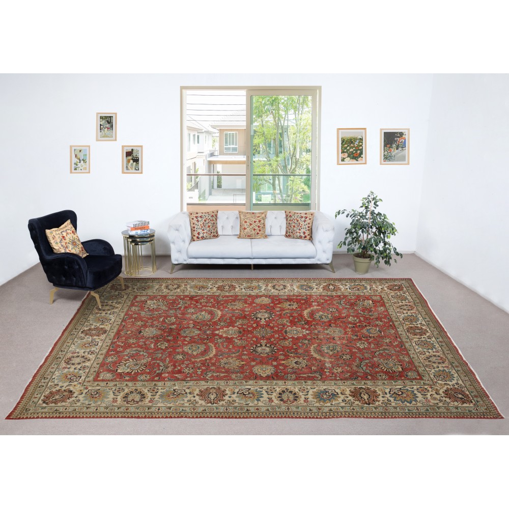 One-of-a-kind Vintage Turkish Large Area Rug. Red Hand-knotted Wool Carpet for Living Room