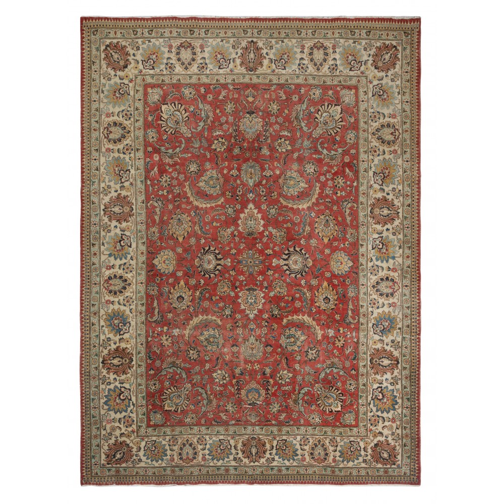 One-of-a-kind Vintage Turkish Large Area Rug. Red Hand-knotted Wool Carpet for Living Room