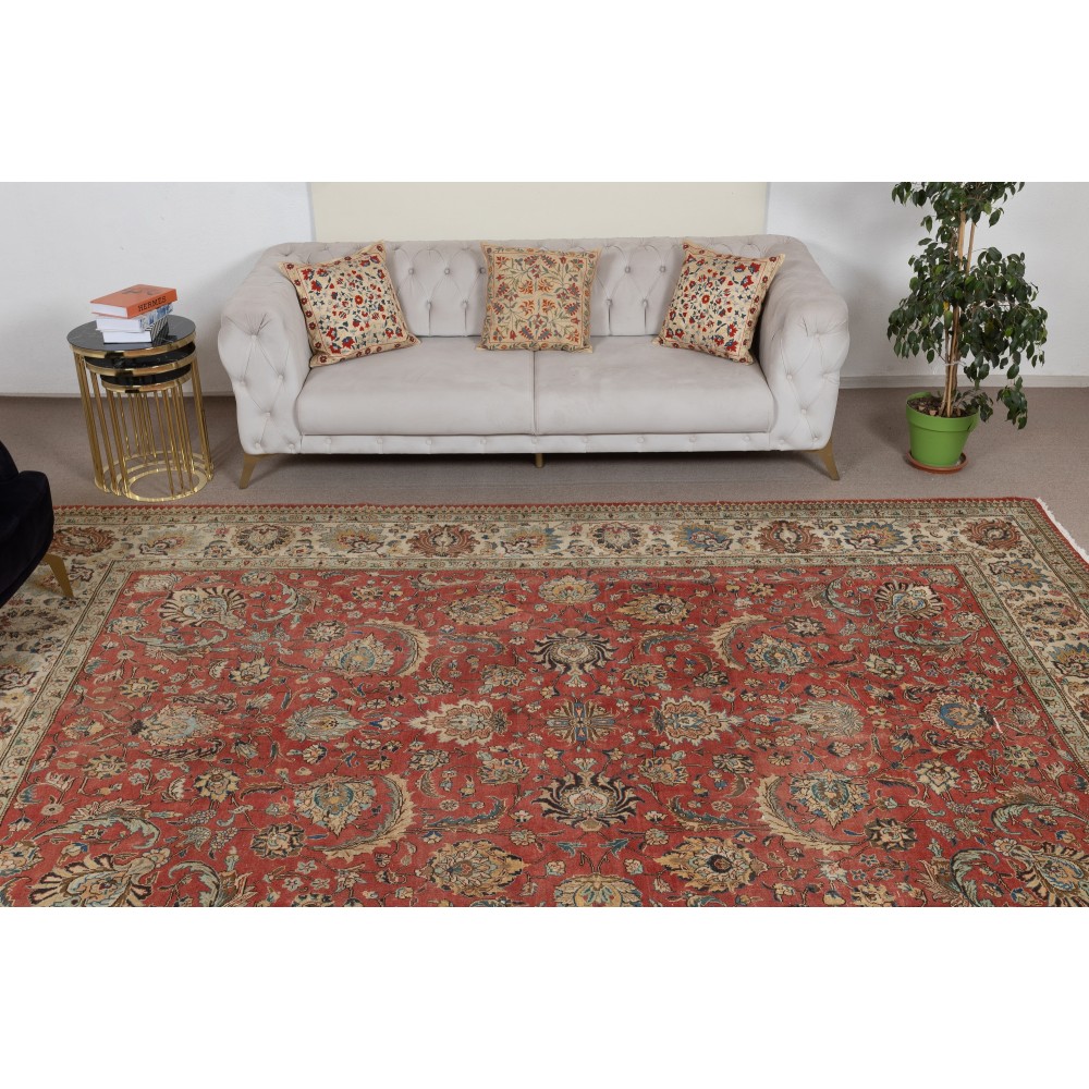 One-of-a-kind Vintage Turkish Large Area Rug. Red Hand-knotted Wool Carpet for Living Room