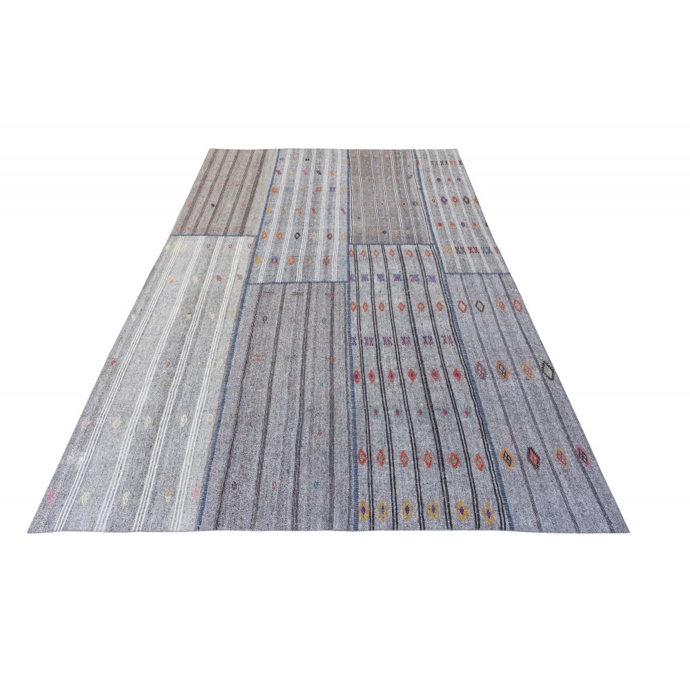 Vintage Gray Kilim Rug. Handwoven Cotton & Goat Hair, Oversize Turkish Flat-Weave Carpet