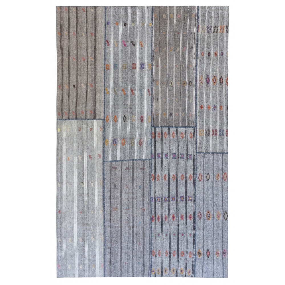 Vintage Gray Kilim Rug. Handwoven Cotton & Goat Hair, Oversize Turkish Flat-Weave Carpet