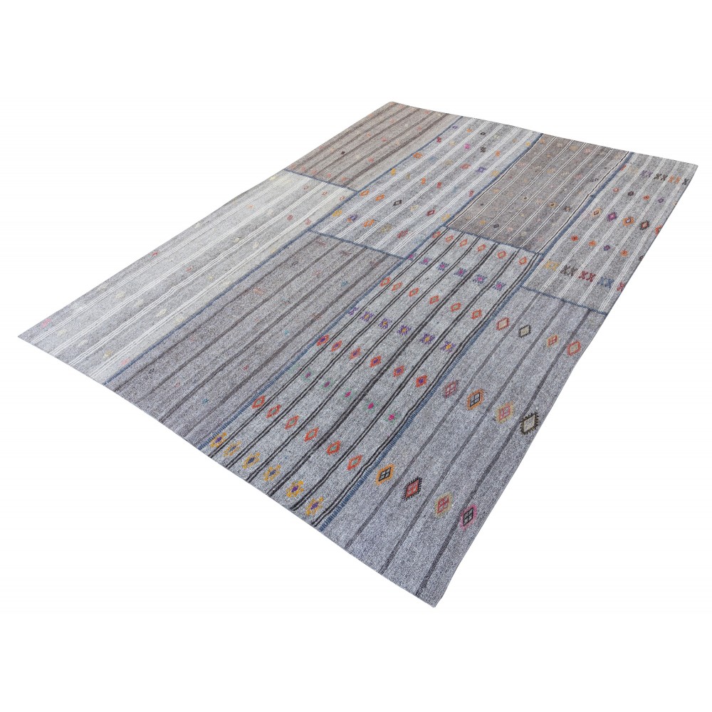 Vintage Gray Kilim Rug. Handwoven Cotton & Goat Hair, Oversize Turkish Flat-Weave Carpet
