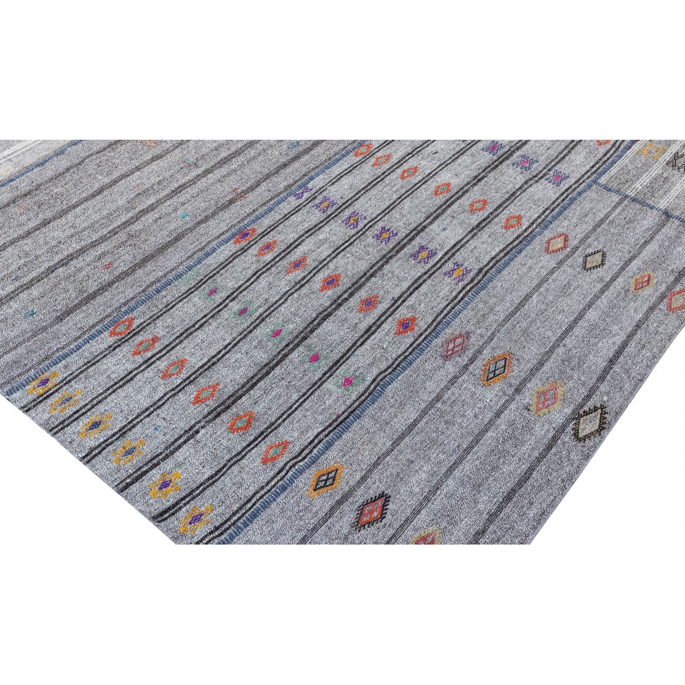 Vintage Gray Kilim Rug. Handwoven Cotton & Goat Hair, Oversize Turkish Flat-Weave Carpet
