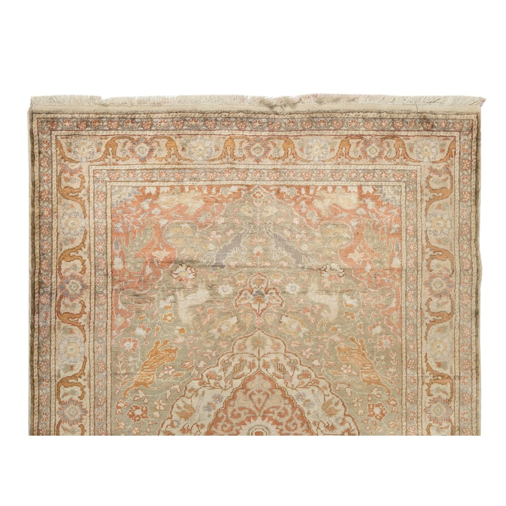 Art-Silk Handmade Kayseri Rug from 1930s with Hunting Scene