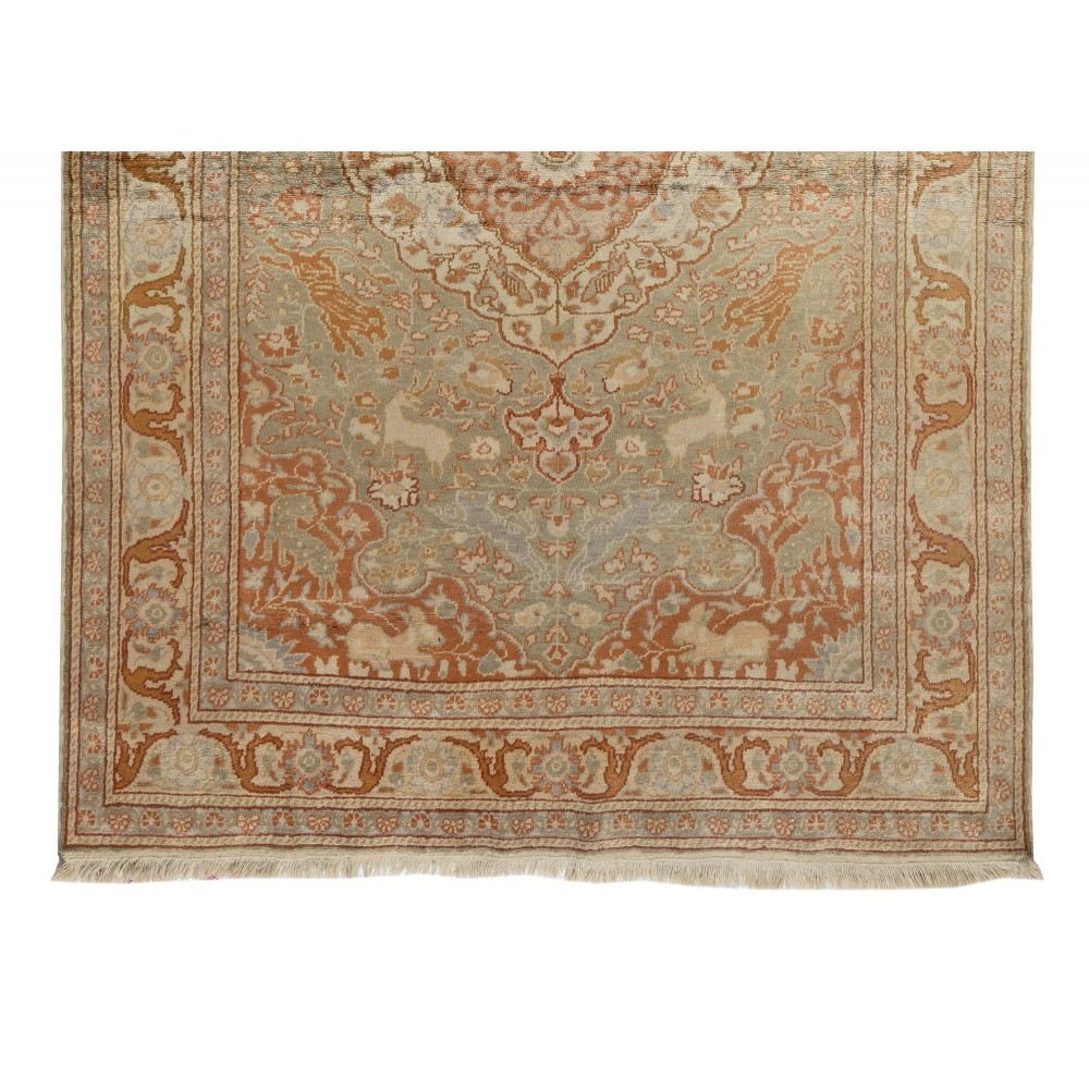 Art-Silk Handmade Kayseri Rug from 1930s with Hunting Scene