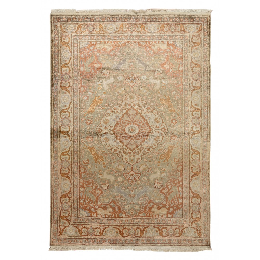 Art-Silk Handmade Kayseri Rug from 1930s with Hunting Scene