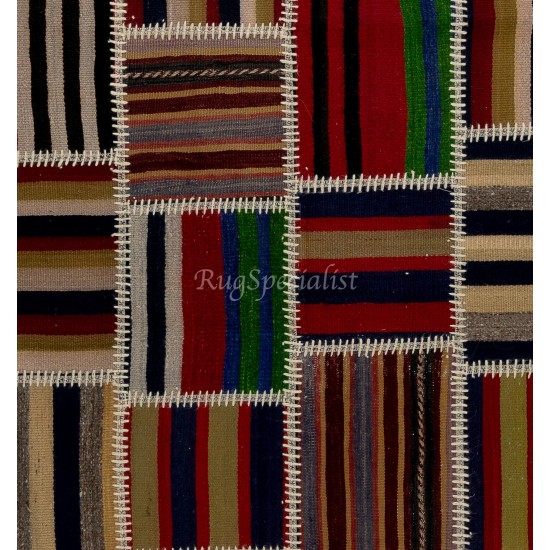 Handmade Striped Patchwork Kilim Rug "Flat-Weave". Custom Colors & Sizes