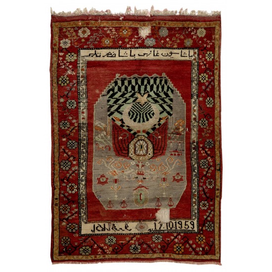 Semi Antique Turkish Rug, Dated 1959, Inscripted in Ottoman Turkish
