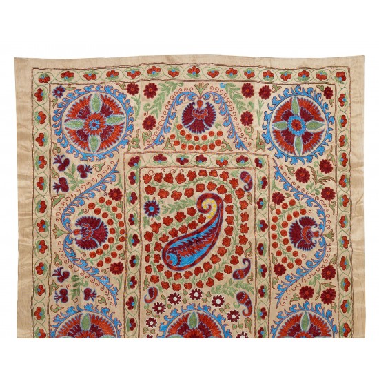 Contemporary Uzbek Suzani Textile. Embroidered Cotton & Silk Wall Hanging, Bed Cover. 21th Century Contemporary Uzbek Suzani Textile. Embroidered Cotton & Silk Wall Hanging, Bed Cover. 21th Century