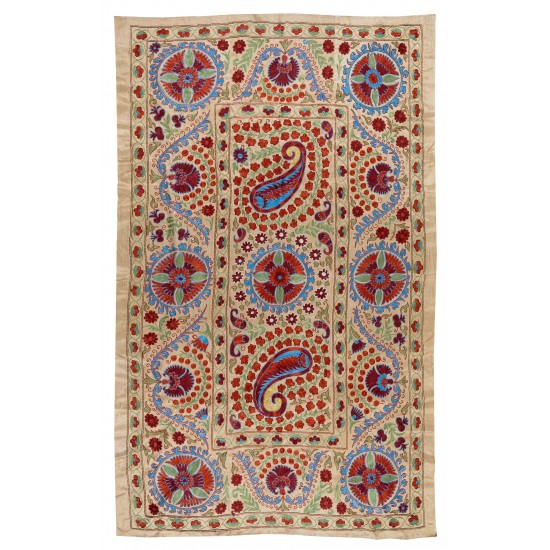 Contemporary Uzbek Suzani Textile. Embroidered Cotton & Silk Wall Hanging, Bed Cover. 21th Century