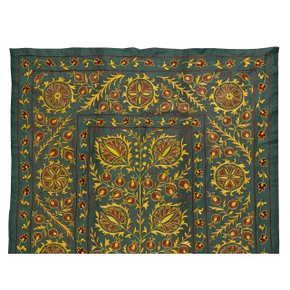 Silk Embroidery Wall Hanging. Modern Green Tapestry. Uzbek Wall Decor