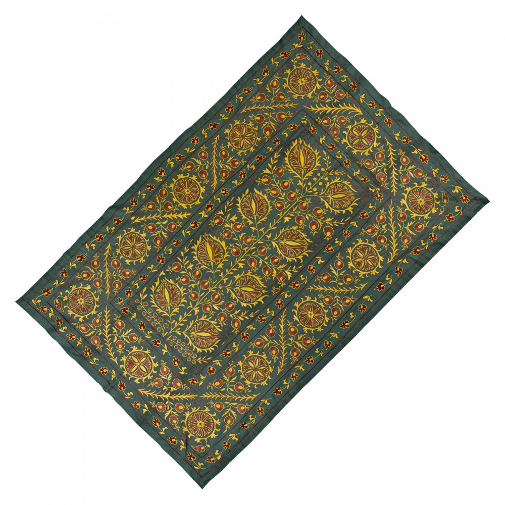 Silk Embroidery Wall Hanging, Modern Green Tapestry, Uzbek Wall Decor