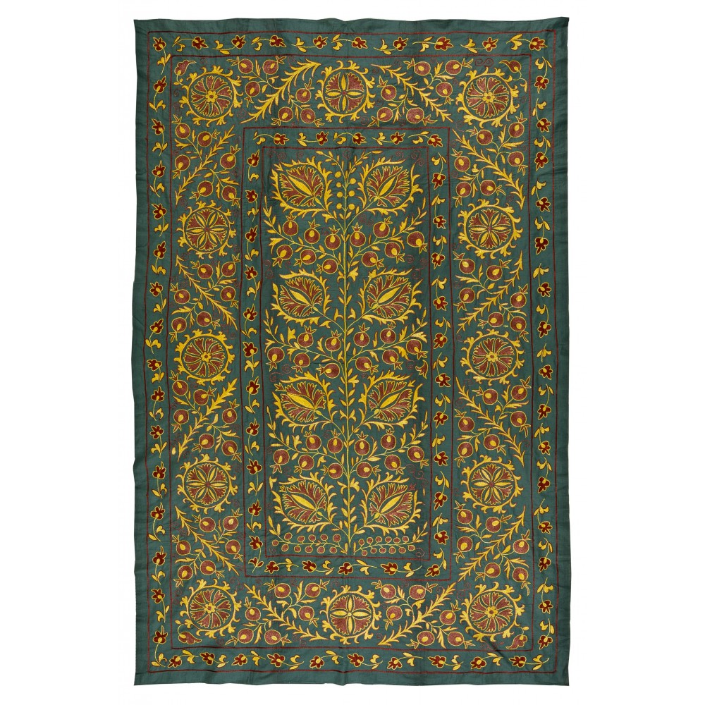 Silk Embroidery Wall Hanging, Modern Green Tapestry, Uzbek Wall Decor