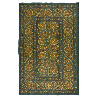 Silk Embroidery Wall Hanging. Modern Green Tapestry. Uzbek Wall Decor
