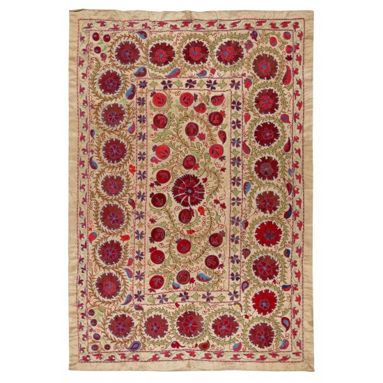 New Silk Hand Embroidery Classic Suzani Wall Hanging, Decorative Bedspread From Uzbekistan