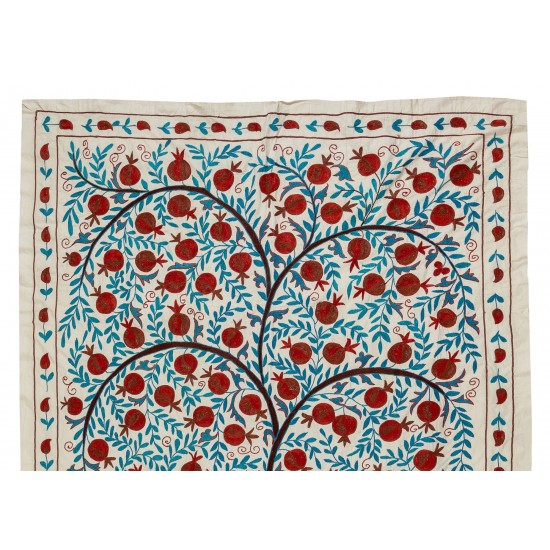 Uzbek Suzani Textile with Pomegranate Tree Design. Embroidered Cotton & Silk Wall Hanging, Bed Cover Uzbek Suzani Textile with Pomegranate Tree Design. Embroidered Cotton & Silk Wall Hanging, Bed Cover