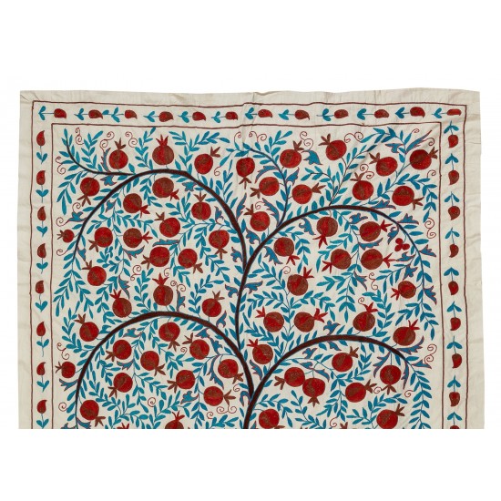 Uzbek Suzani Textile with Pomegranate Tree Design. Embroidered Cotton & Silk Wall Hanging, Bed Cover