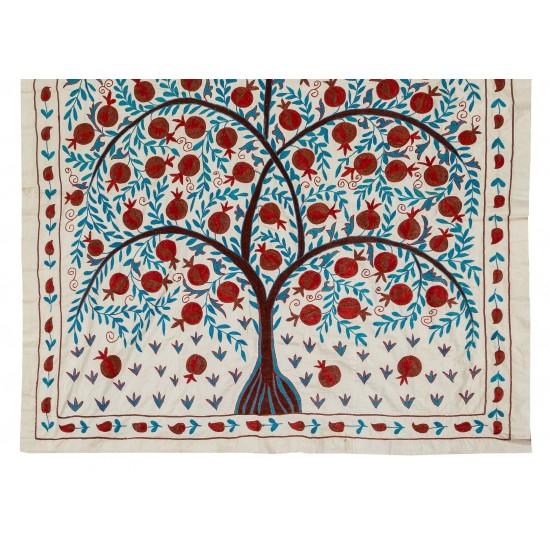 Uzbek Suzani Textile with Pomegranate Tree Design. Embroidered Cotton & Silk Wall Hanging, Bed Cover