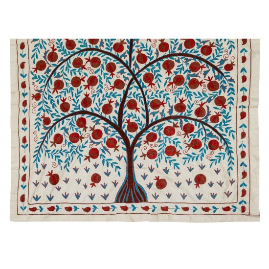 Uzbek Suzani Textile with Pomegranate Tree Design. Embroidered Cotton & Silk Wall Hanging, Bed Cover Uzbek Suzani Textile with Pomegranate Tree Design. Embroidered Cotton & Silk Wall Hanging, Bed Cover