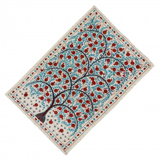 Uzbek Suzani Textile with Pomegranate Tree Design. Embroidered Cotton & Silk Wall Hanging, Bed Cover Uzbek Suzani Textile with Pomegranate Tree Design. Embroidered Cotton & Silk Wall Hanging, Bed Cover